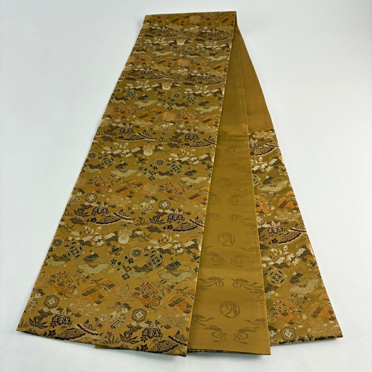 袋帶 名品級 寶盡くし 仙鶴 金絲 刺繡 山吹茶 六通 純蠶絲
