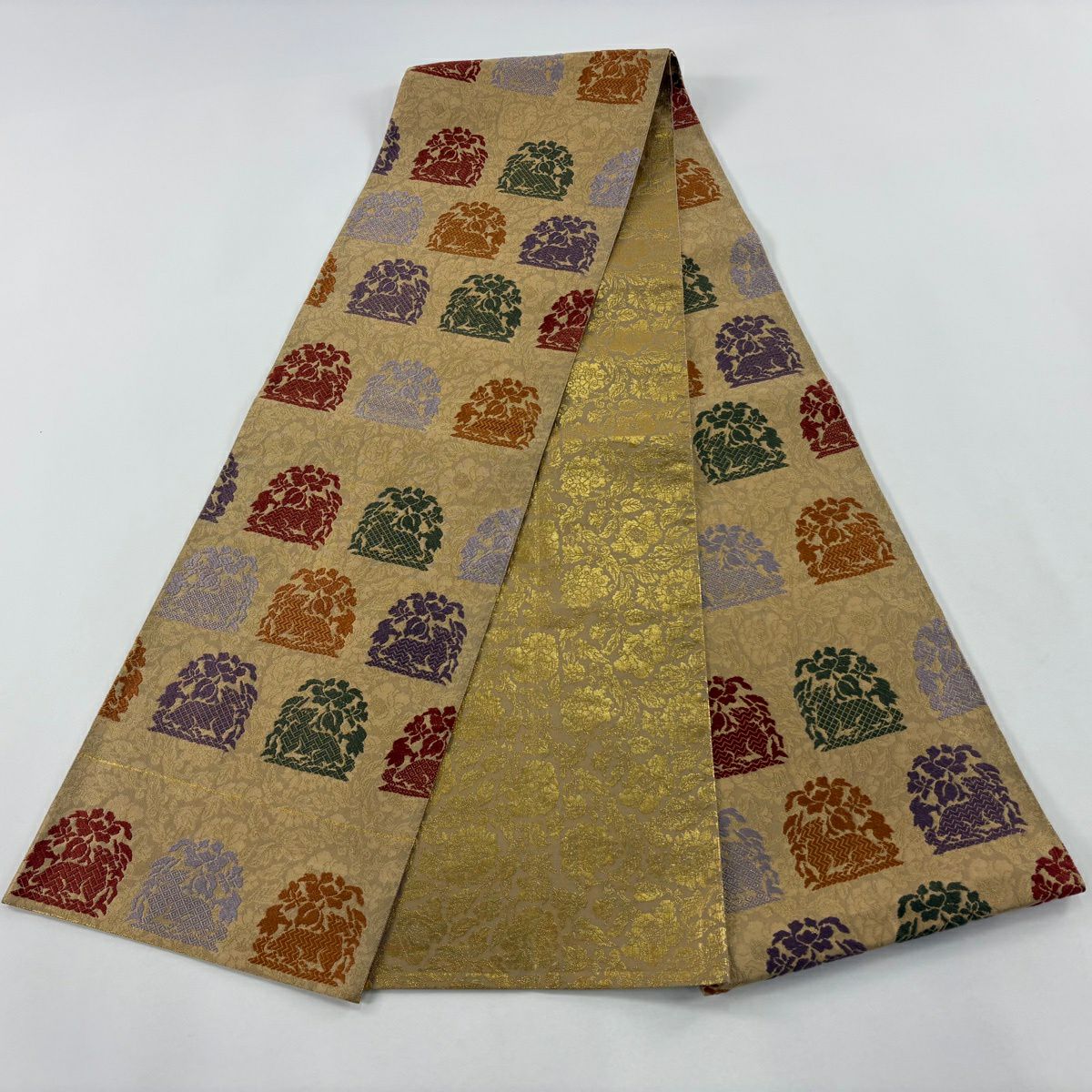 【美品】 袋帶 秀品級 關西仕立 草花紋紋 動物 金金箔 金通 黃土 深色 全通 純蠶絲