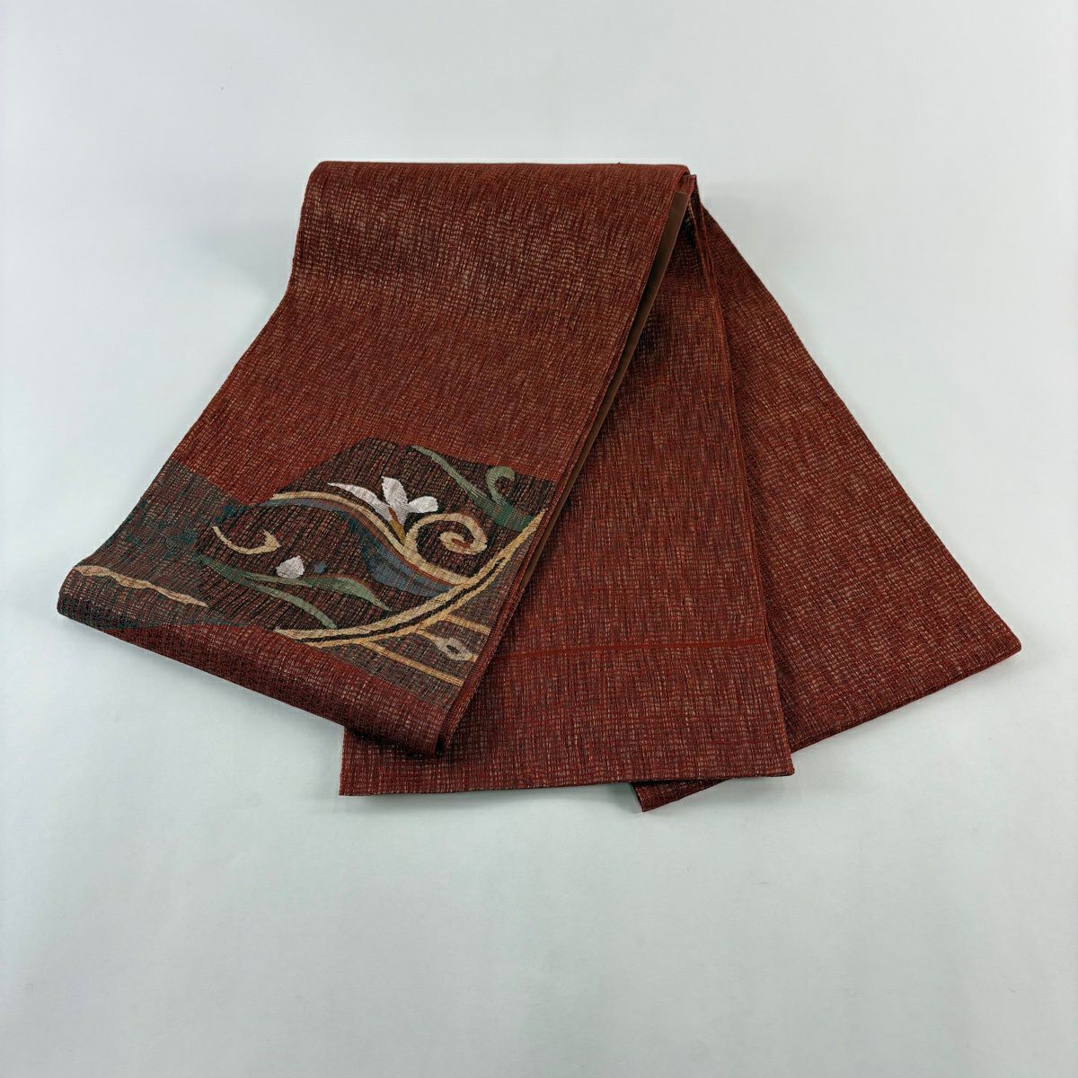 【美品】 袋帶 秀品級 花唐草紋 金絲 拉麵絲 紅茶 お太鼓圖案 純蠶絲