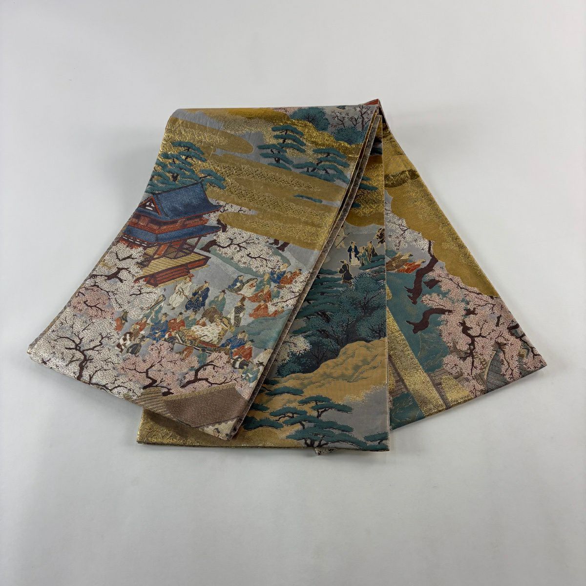 【美品】 袋帶 秀品級 人物 建築 金絲 金金箔 青灰 深藍色 正蠶絲