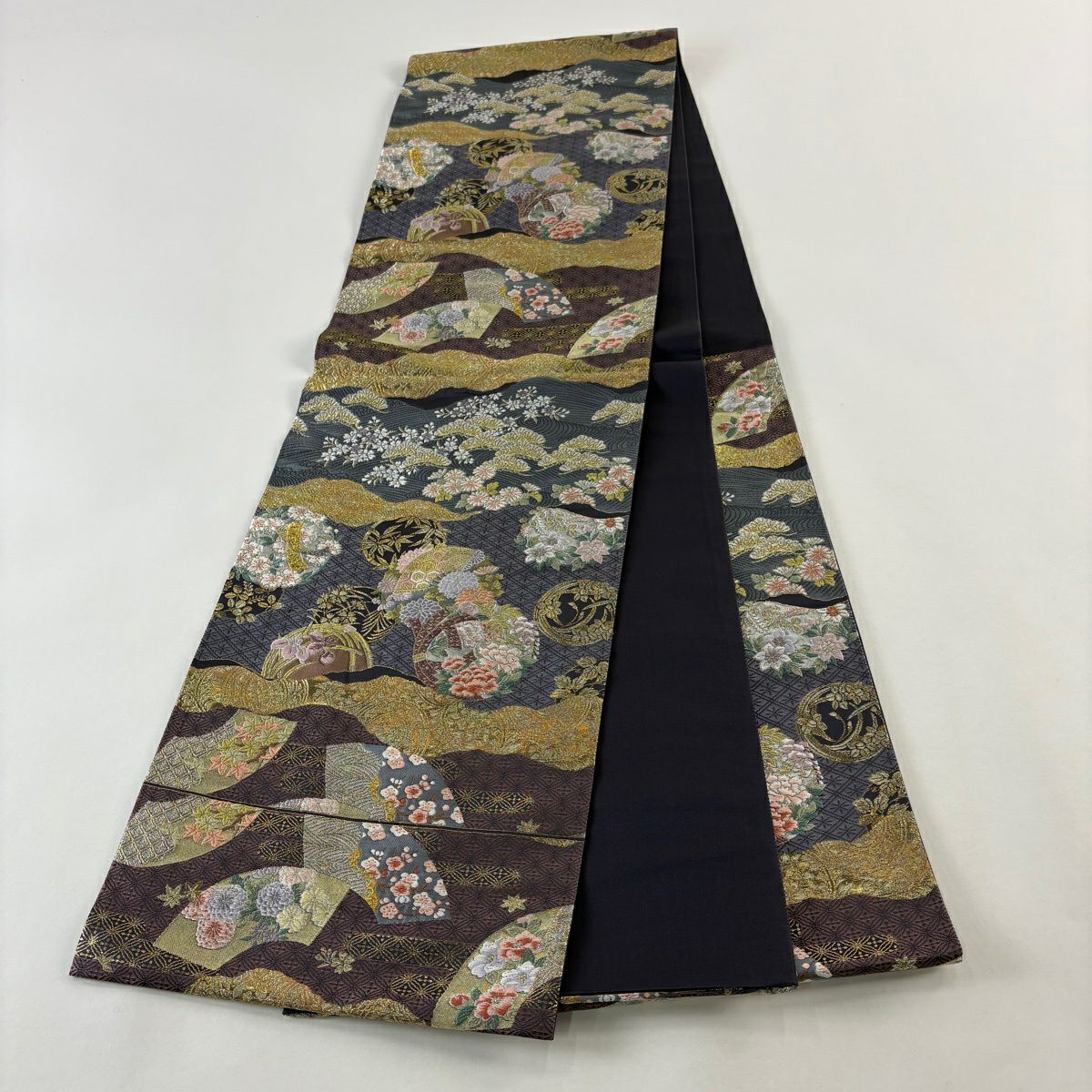 【美品】 袋帶 秀品級 鼓 花丸紋 金銀線 金金箔 紫 六通 純蠶絲