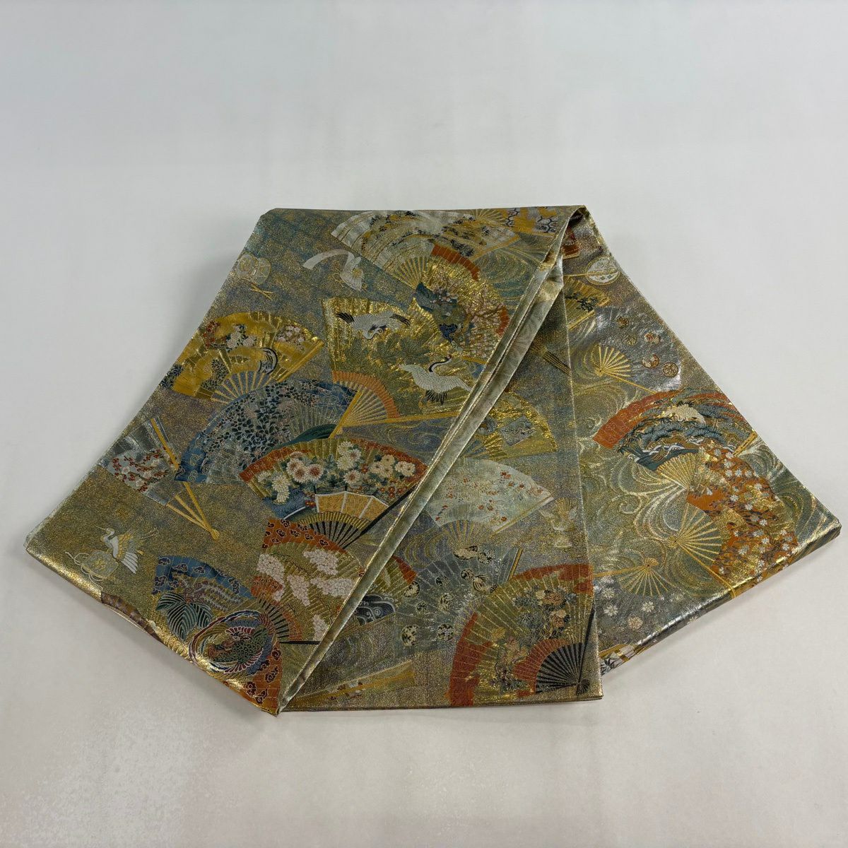 【美品】 袋帶 秀品級 附有落款 徳川美術館秘藏 扇子 花鳥 金金箔 金絲 金色 全通 純蠶絲