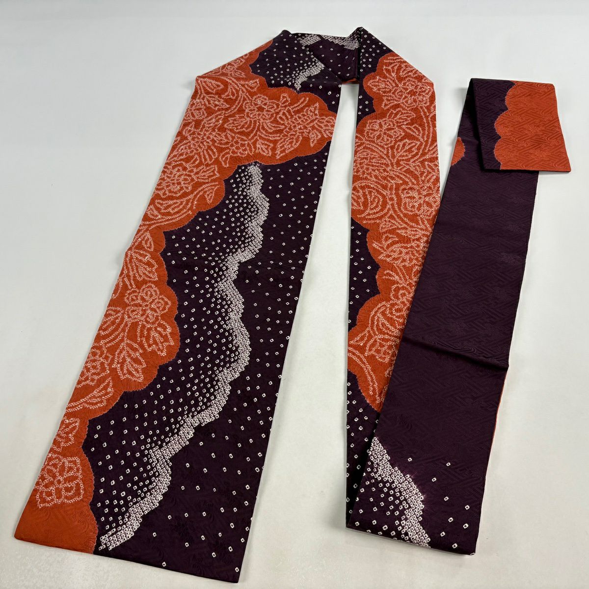 【美品】名古屋帶 秀品級 草花紋紋 雲文 絞染 深紫 純蠶絲