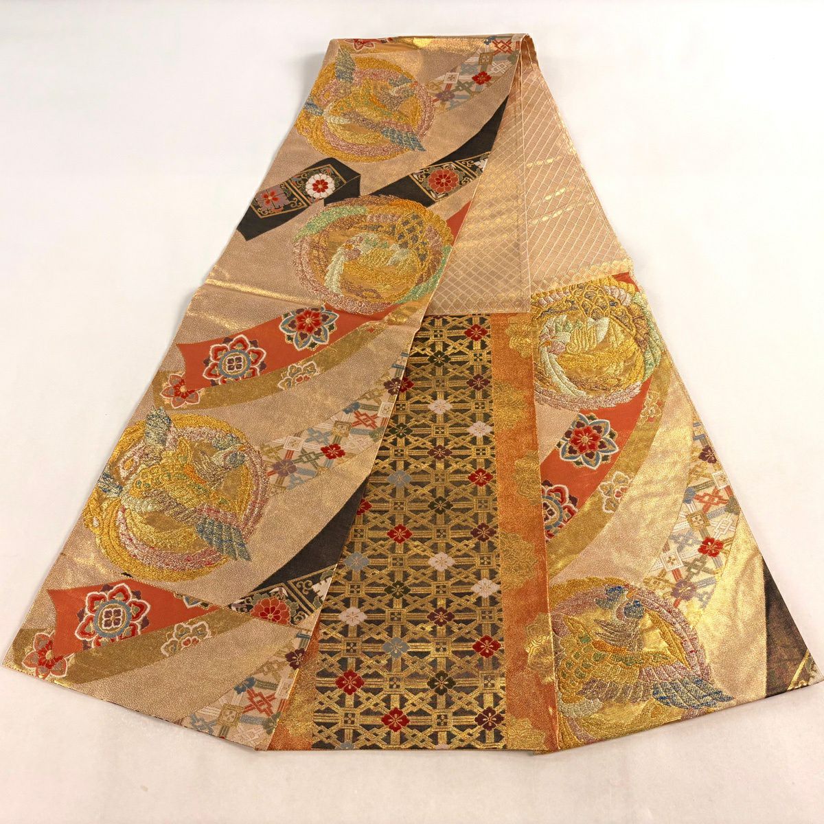 【美品】 袋帶 秀品級 鳳凰 華紋 金銀彩 金金箔 金色 六通 純蠶絲