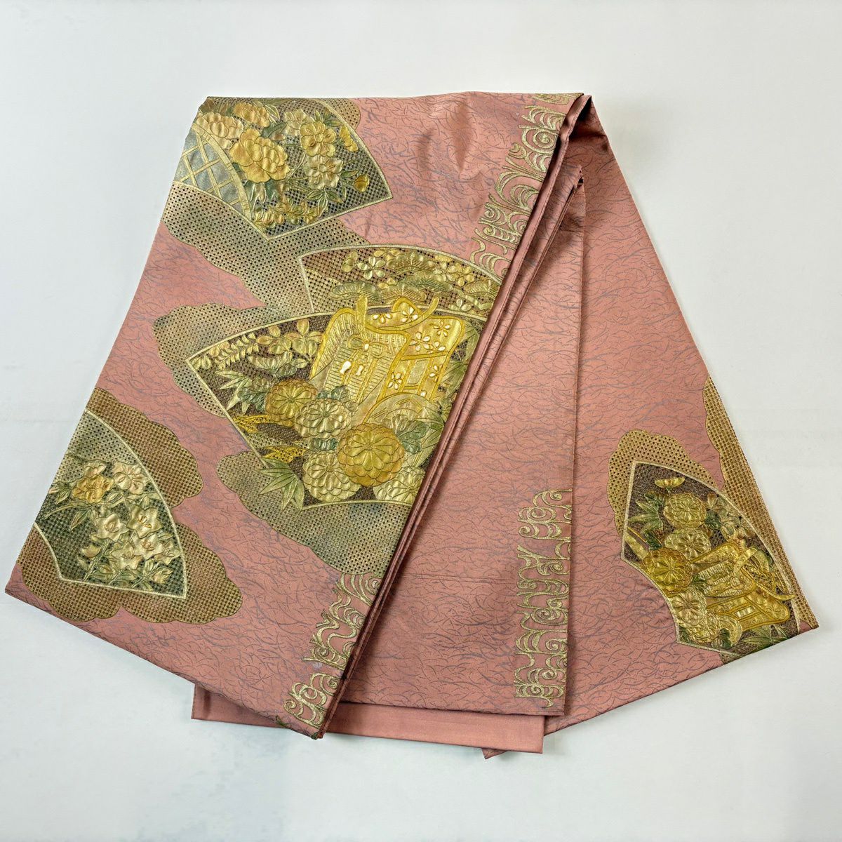 袋帶 秀品級 關西仕立 扇子面 御所車 金絲 金銀彩 粉米色 大鼓圖案 純蠶絲
