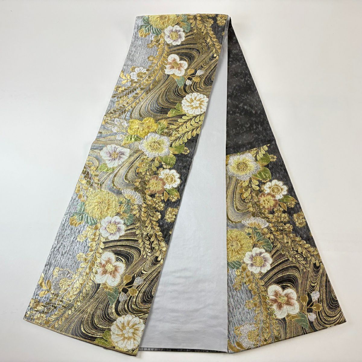 【美品】 袋帶 秀品級 辻花染圖案 流水 金銀線 金金箔 銀 六通 純蠶絲