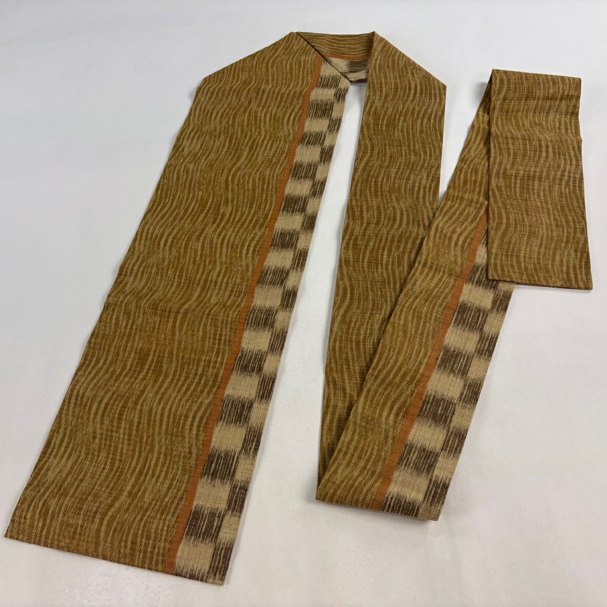 【美品】名古屋帶 秀品級 市松樹 よろけ縞 金糸 茶 純蠶絲