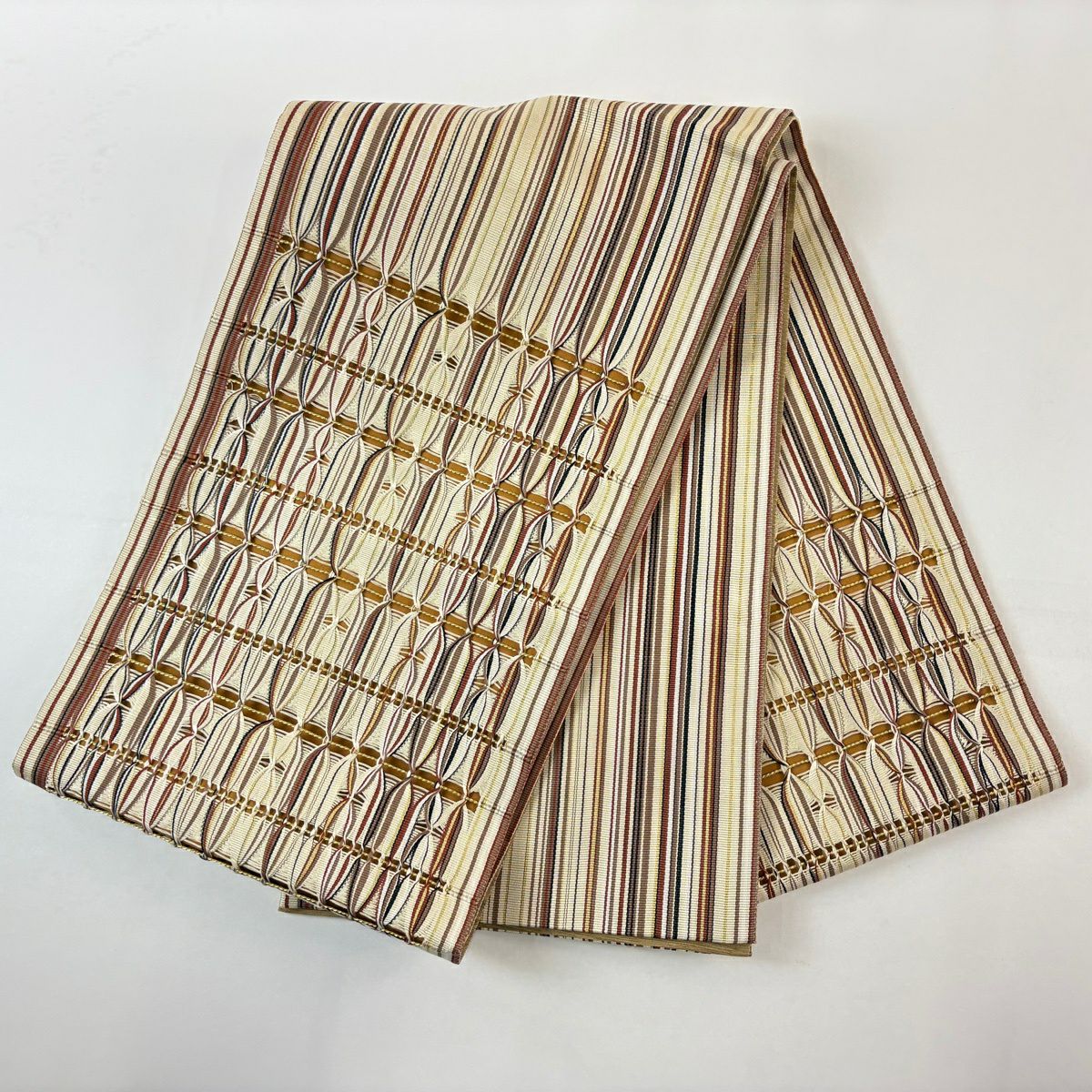 【美品】 袋帶 秀品級 條紋 幾何學 金絲 米色 大鼓圖案 純蠶絲