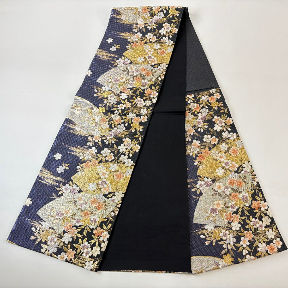【美品】 袋帶 秀品級 扇子面 櫻花 刺繡 金銀彩 紫 六通 純蠶絲