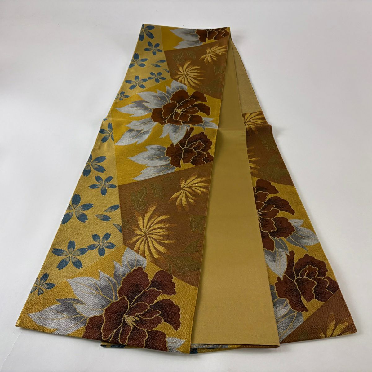 【美品】 袋帶 秀品級 牡丹 櫻花 金糸 芥末色 六通 純蠶絲