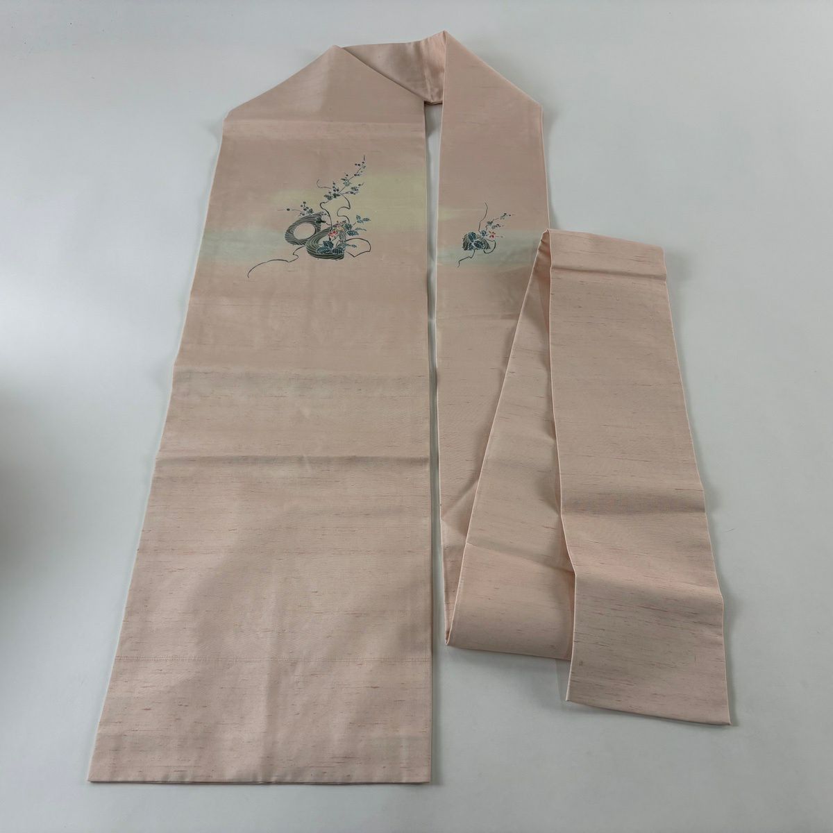 名古屋帶 秀品級 紬織織 雙層 草花紋 葉與果 薄粉紅 純蠶絲