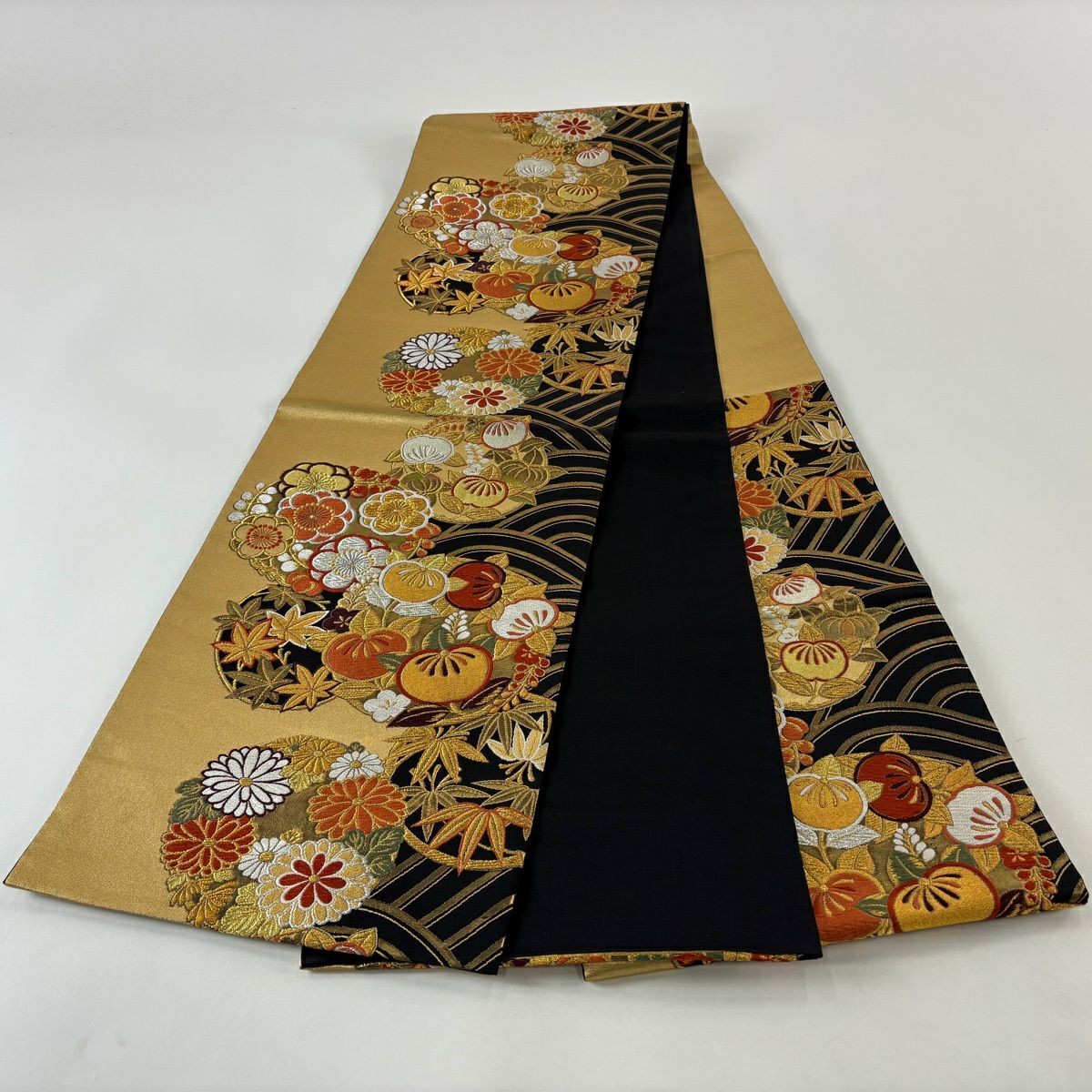 【美品】 袋帶 秀品級 花丸紋 波 唐織 金金箔 金色 六通 純蠶絲