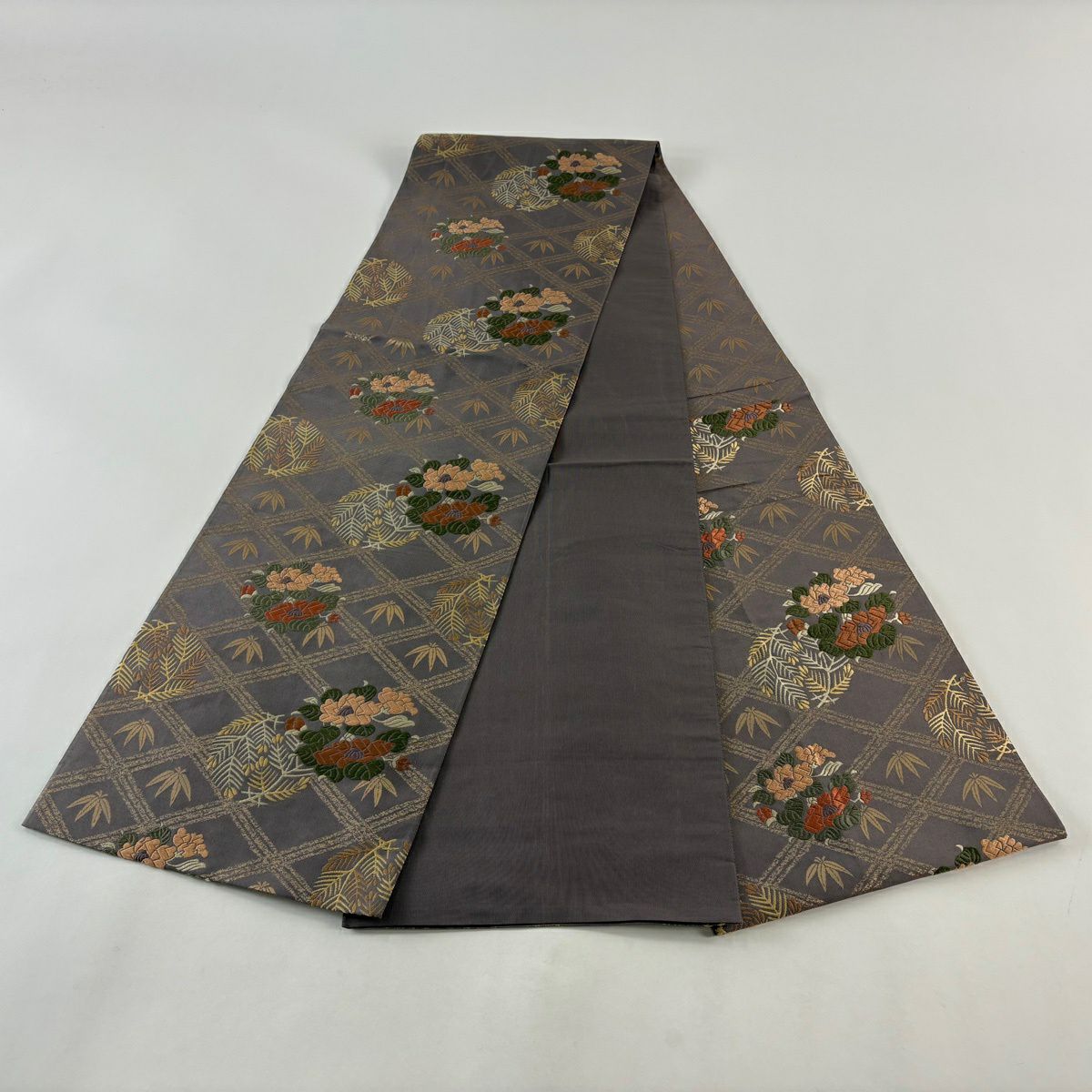 袋帶 秀品級 椿 若松樹 金金箔 刺繡 灰紫 六通 純蠶絲