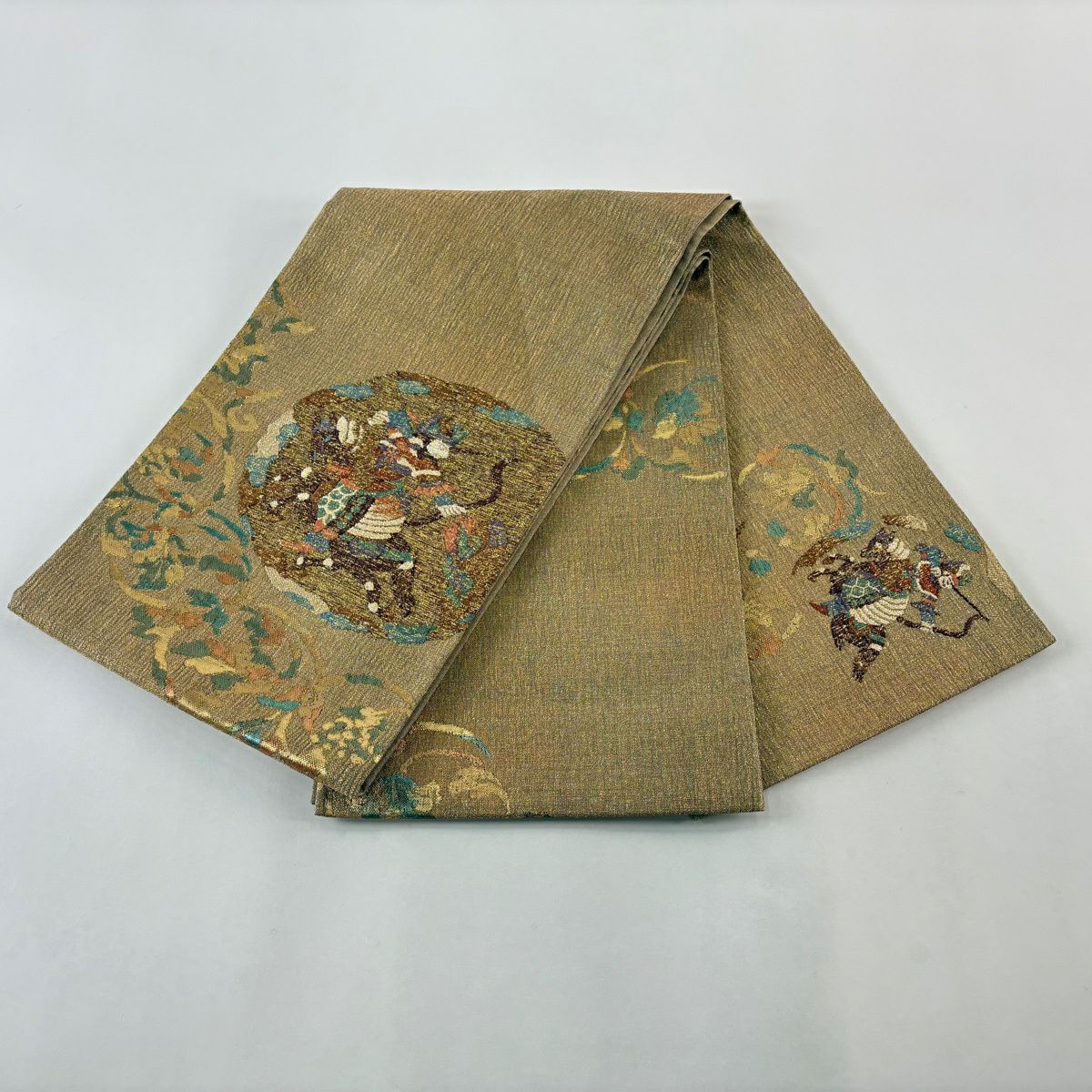 【美品】 袋帶 秀品級 狩獵紋 葡萄唐草紋 金金箔 金絲 金色 大鼓圖案 純蠶絲
