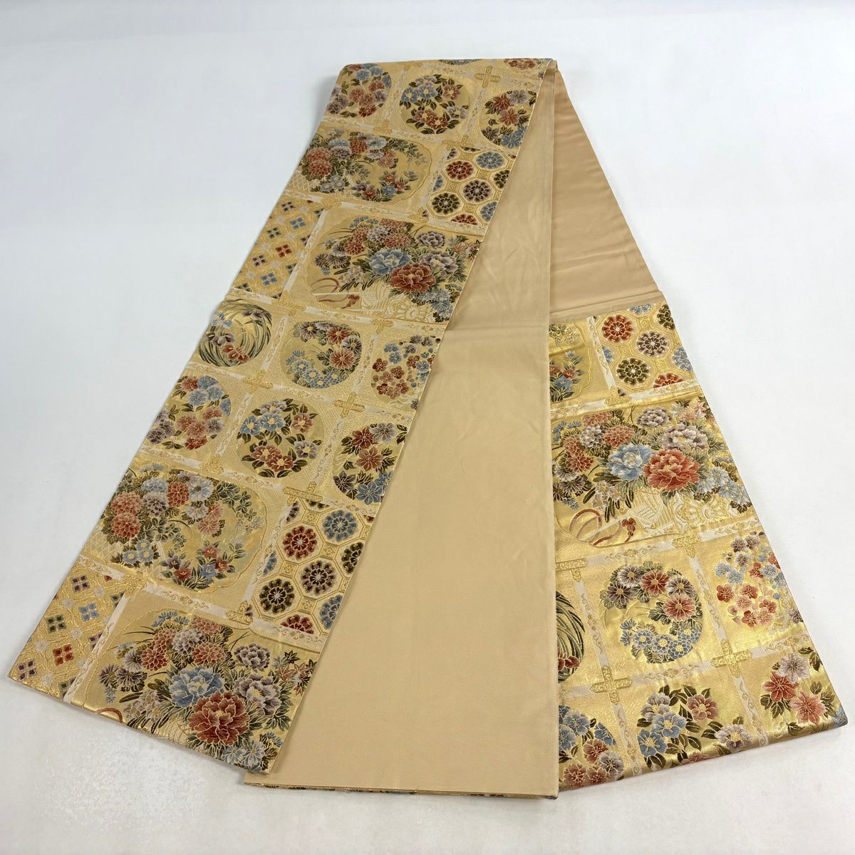 【美品】 袋帶 秀品級 欄間花車紋 金絲 金金箔 金色 六通 純蠶絲