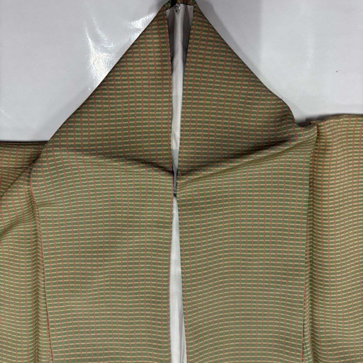 【美品】 付下 身長152cm 袖長62.5cm S 雙層 格子 抹茶 純蠶絲 秀品級