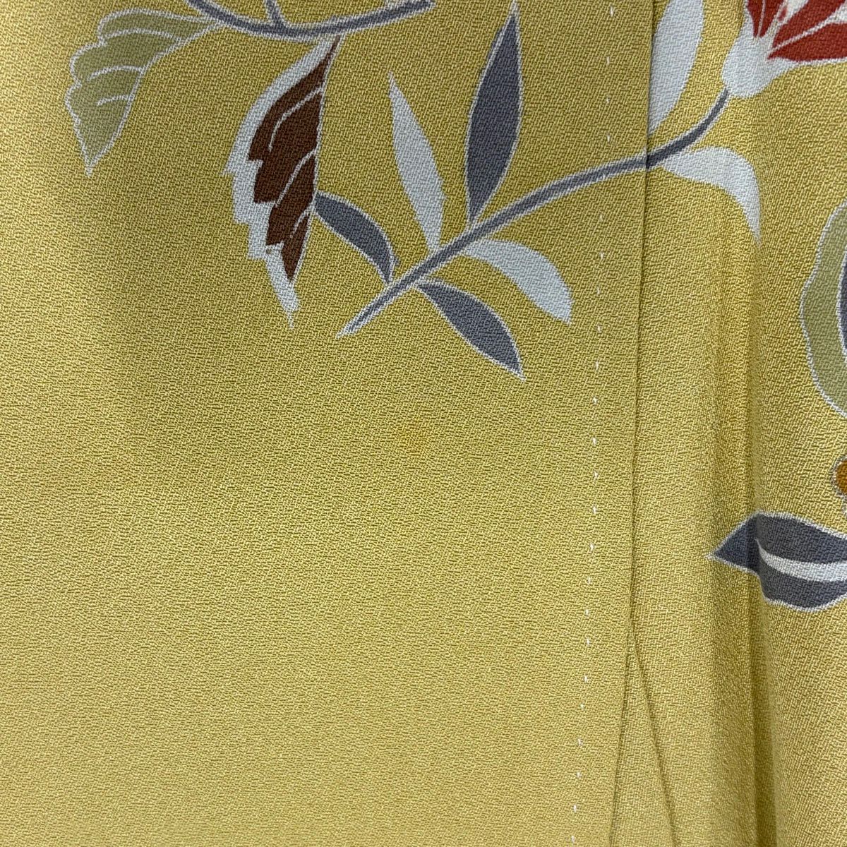 訪問服 身長157.5cm 袖長64cm M 雙層 向鳥 花唐草紋 金絲 金銀彩 芥末色 純蠶絲 優品級