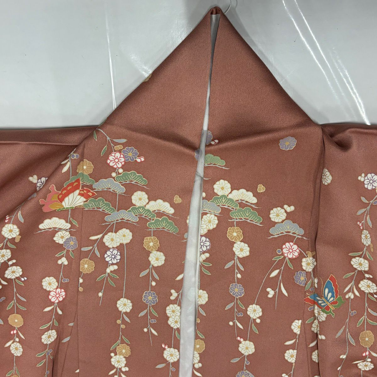 訪問服 身長160.5cm 袖長63.5cm S 雙層 蝶 菊花 金銀彩 漸層 粉米色 純蠶絲 優品級