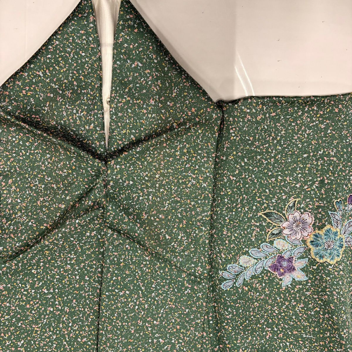 【美品】訪問服 身長154.5cm 袖長63cm S 雙層 草花紋紋 七寶紋 綠 純蠶絲 秀品級