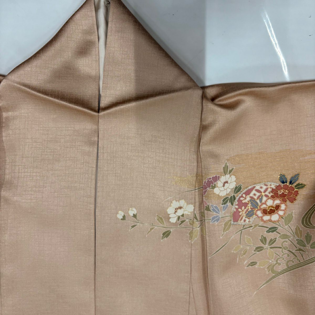 訪問服 身長159cm 袖長64.5cm M 雙層 扇子面 草花紋紋 金絲 金銀彩 粉米色 純蠶絲 優品級