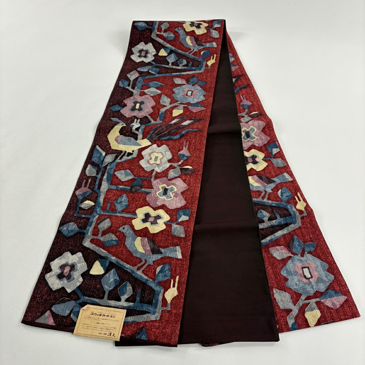 【美品】 袋帶 名品級 鳥枝花 深紅色 全通 純蠶絲