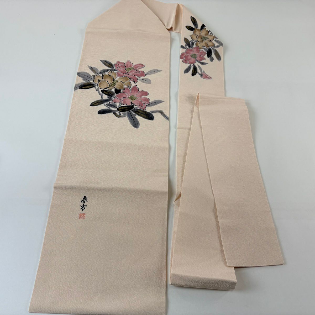 名古屋帶 名品級 附落款 山科春宣 草花紋紋 金銀彩 漸變 鮭粉色 純蠶絲