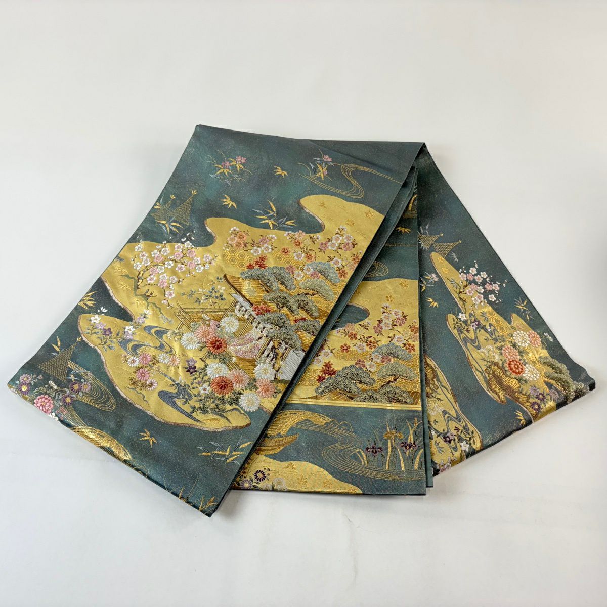 【美品】 袋帶 名品級 建築 草花紋 金絲 金金箔 灰綠 お太鼓圖案 純蠶絲