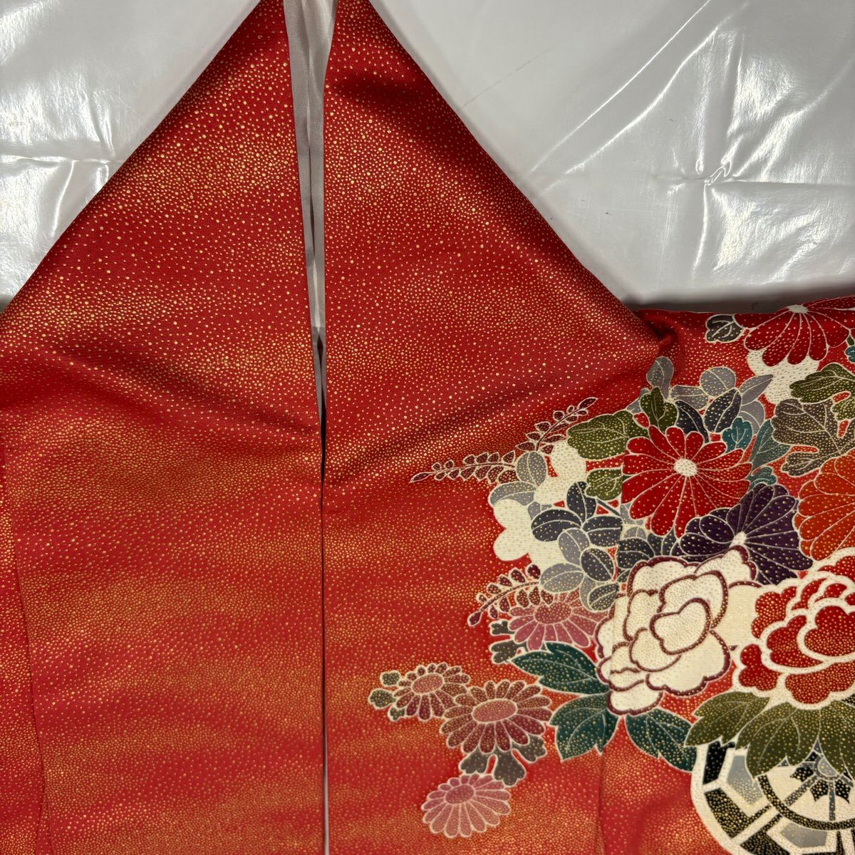 【美品】振袖禮服 身長163.5cm 袖長64cm M 雙層 花車 菊花 金絲 金銀彩 茜 純蠶絲 名品級