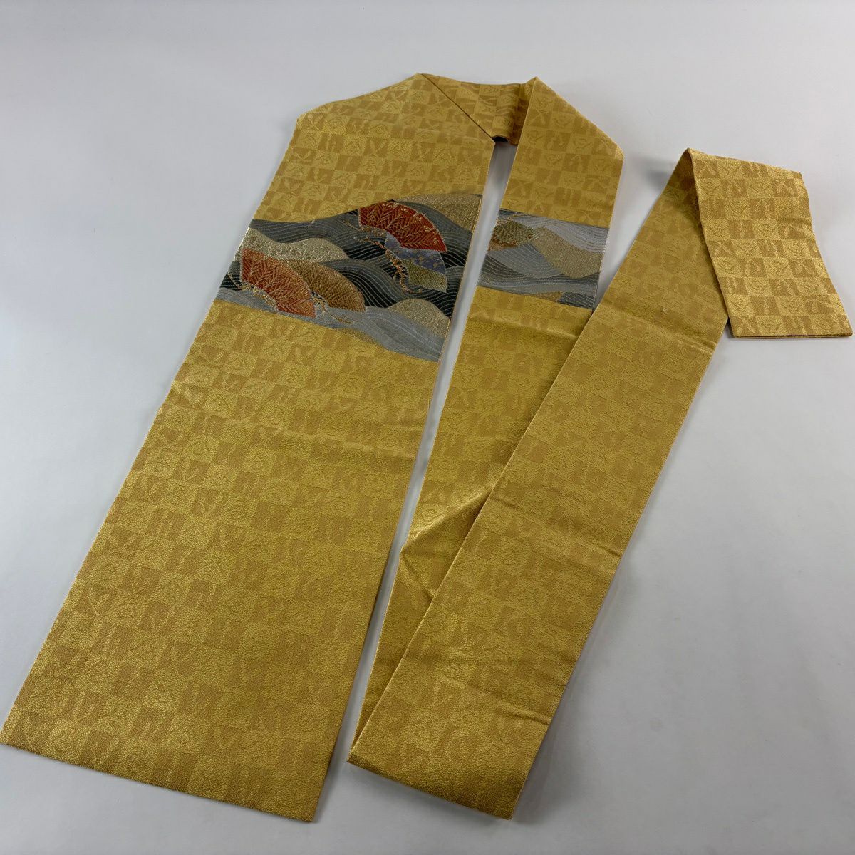 【美品】名古屋帶 逸品級 笠松樹 波 金銀絲 黃色 純蠶絲