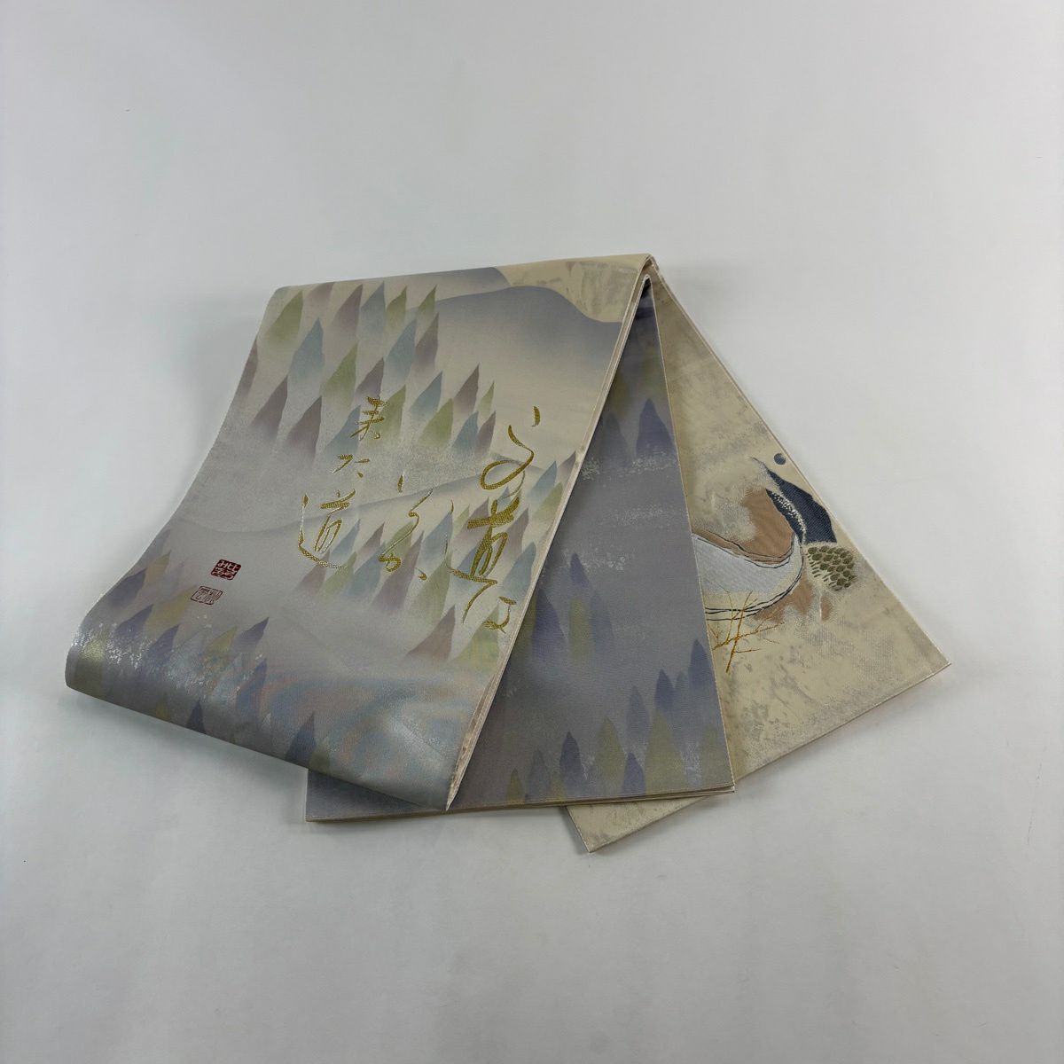 【美品】 袋帶 秀品級 落款あり 文字文 樹木 金銀絲 金金箔 奶油色 お太鼓柄 純蠶絲