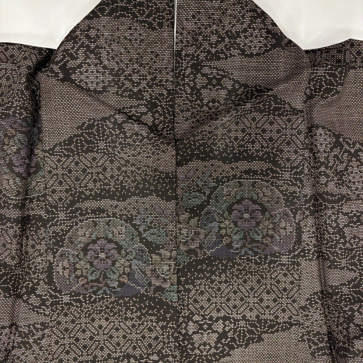 【美品】 紬織 身長158cm 袖長65.5cm M 雙層 草花紋紋 幾何學 焦茶 純蠶絲 名品級