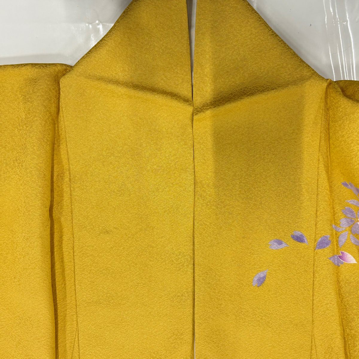 【美品】振袖禮服 身長160.5cm 袖長70cm L 雙層 手毬 櫻花 金金箔 金銀彩 黃色 純蠶絲 名品級