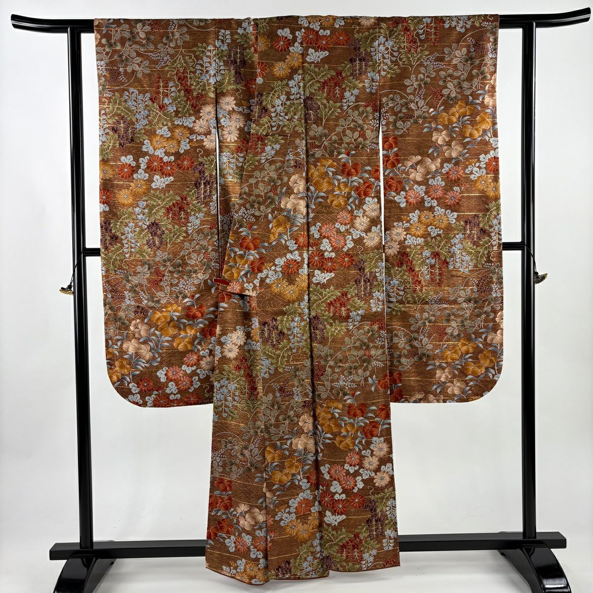 振袖禮服 身長159.5cm 袖長66.5cm M 雙層 河合美術織物 落款 藤 秋草紋 金彩裝飾 茶 純蠶絲 逸品級