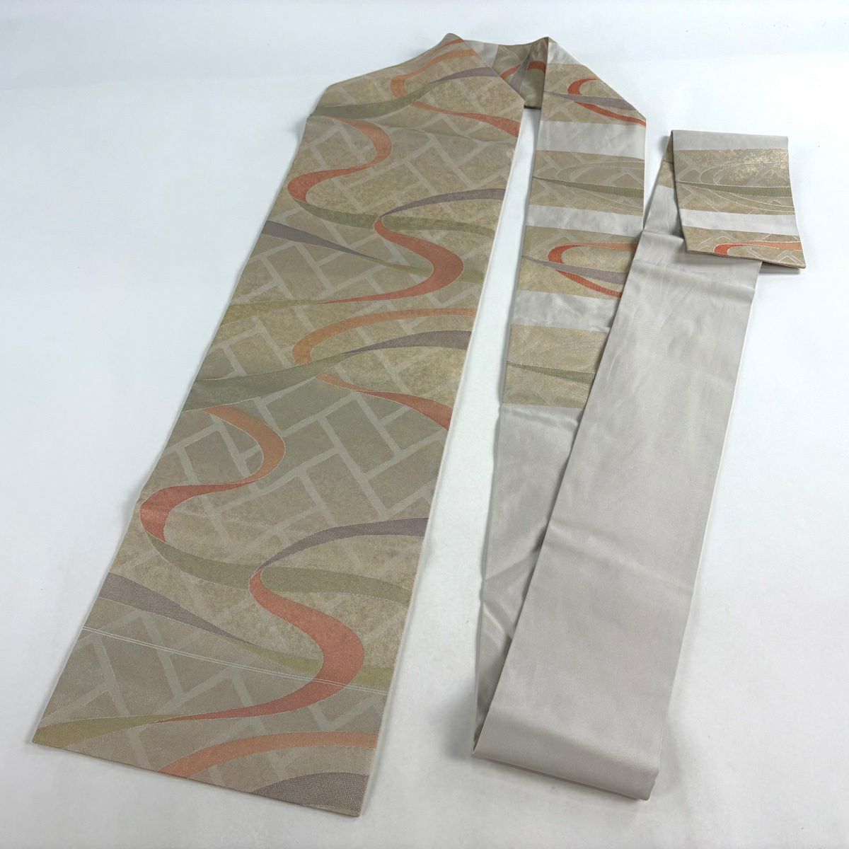 【美品】 名古屋帶 秀品級 有落款 流水 桧垣 金金箔 米色 純蠶絲