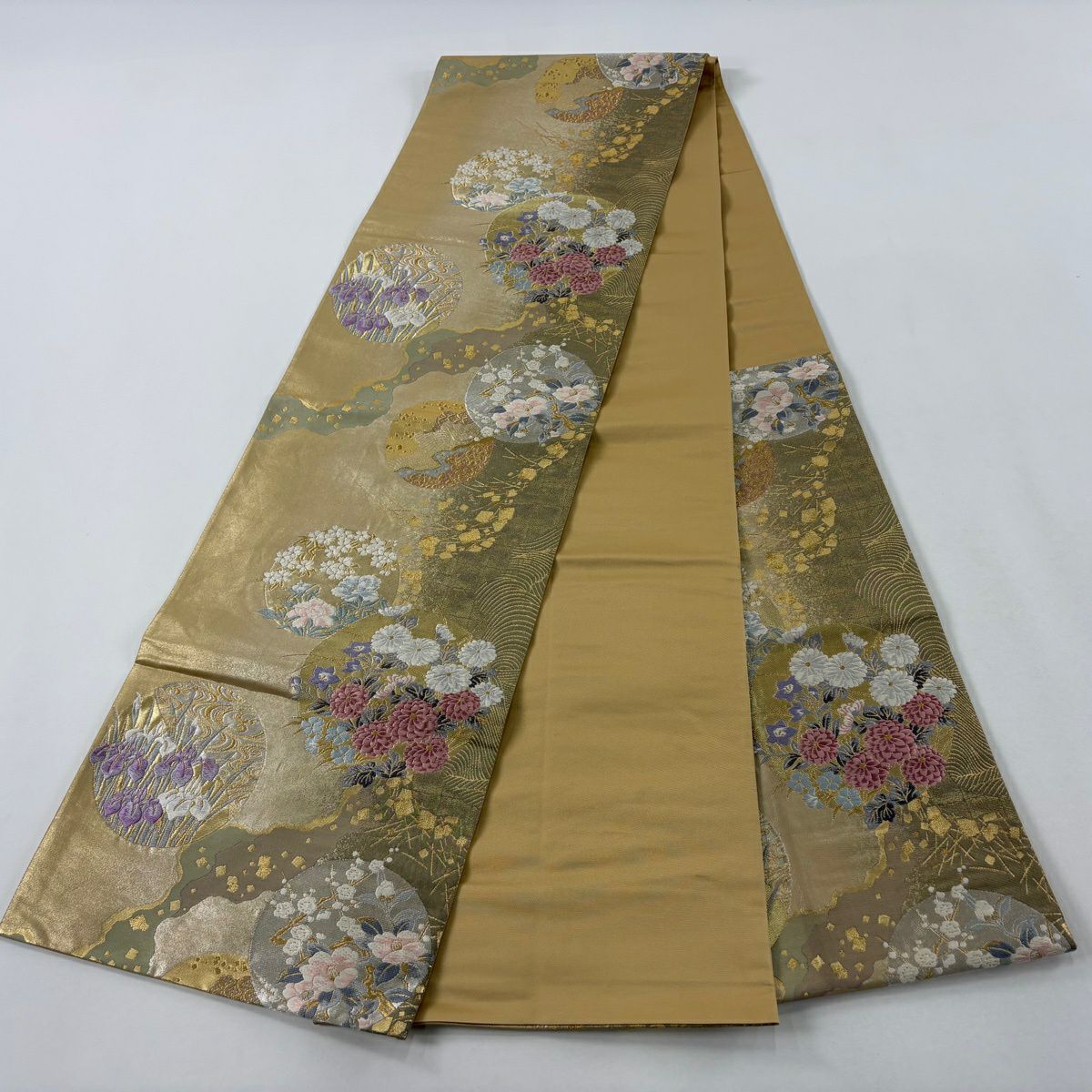 袋帶 秀品級 じゅらく 落款 草花紋 金金箔散佈 金銀線 金色 六通 純蠶絲