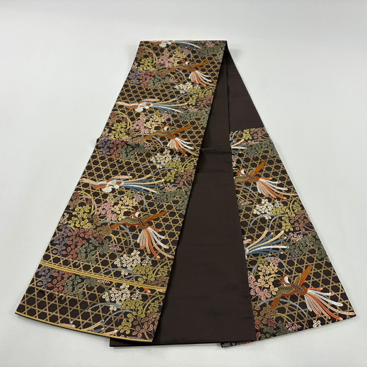 【美品】 袋帶 秀品級 關西仕立 雀 籠目 刺繡 金金箔 焦茶 六通 純蠶絲