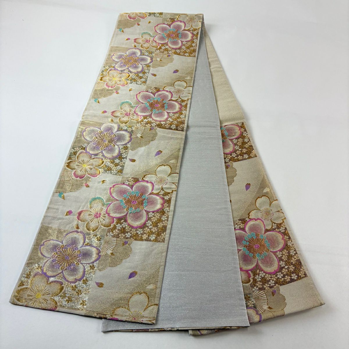 袋帶 名品級 振袖禮服禮服用 櫻花 市松樹 金絲 金金箔 奶油 六通 純蠶絲
