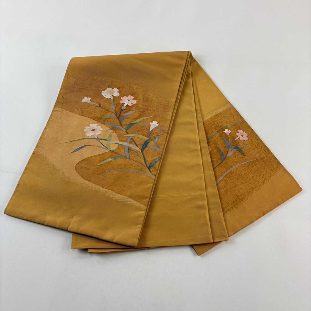 【美品】 袋帶 名品級 草花紋 金糸 黃土 茶色 お太鼓柄 純蠶絲
