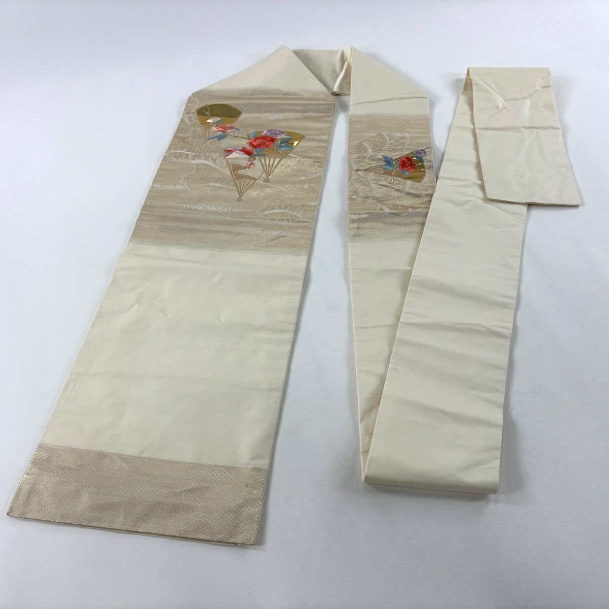 名古屋帶 優品級 花鳥 扇子子 刺繡 金金箔 米色 純蠶絲