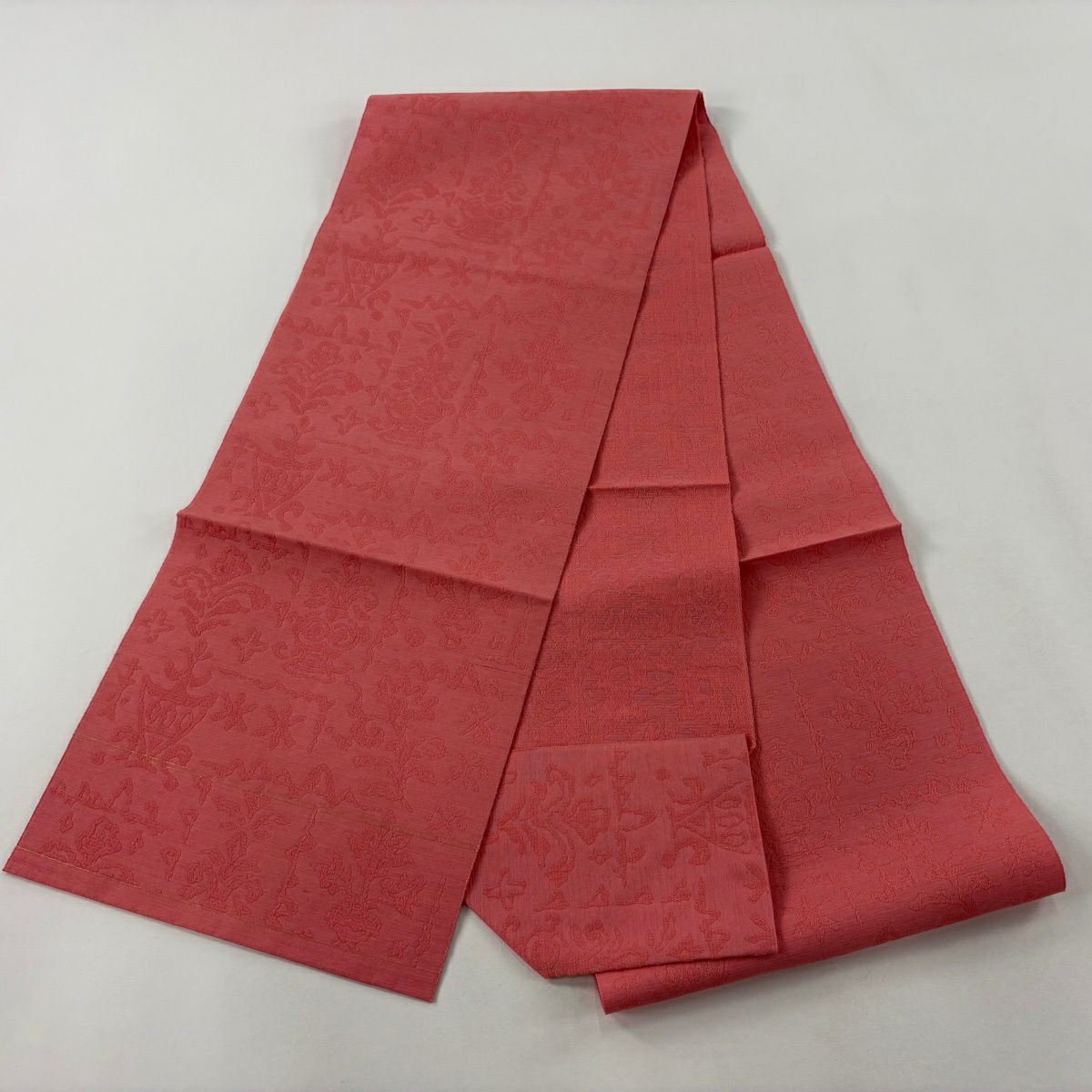 【美品】名古屋帶 優品級 松樹葉仕立 雙層八寸名古屋帶 關西仕立 地紋 粉紅 純蠶絲