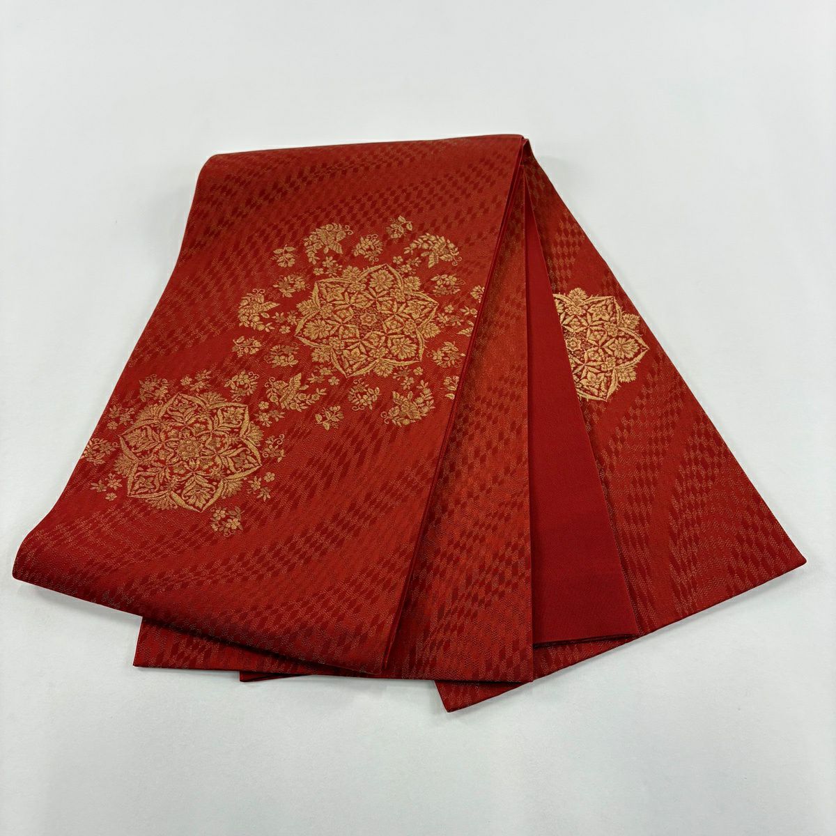 【美品】 袋帶 秀品級 華紋 鳥 金絲 朱紅色 大鼓圖案 純蠶絲