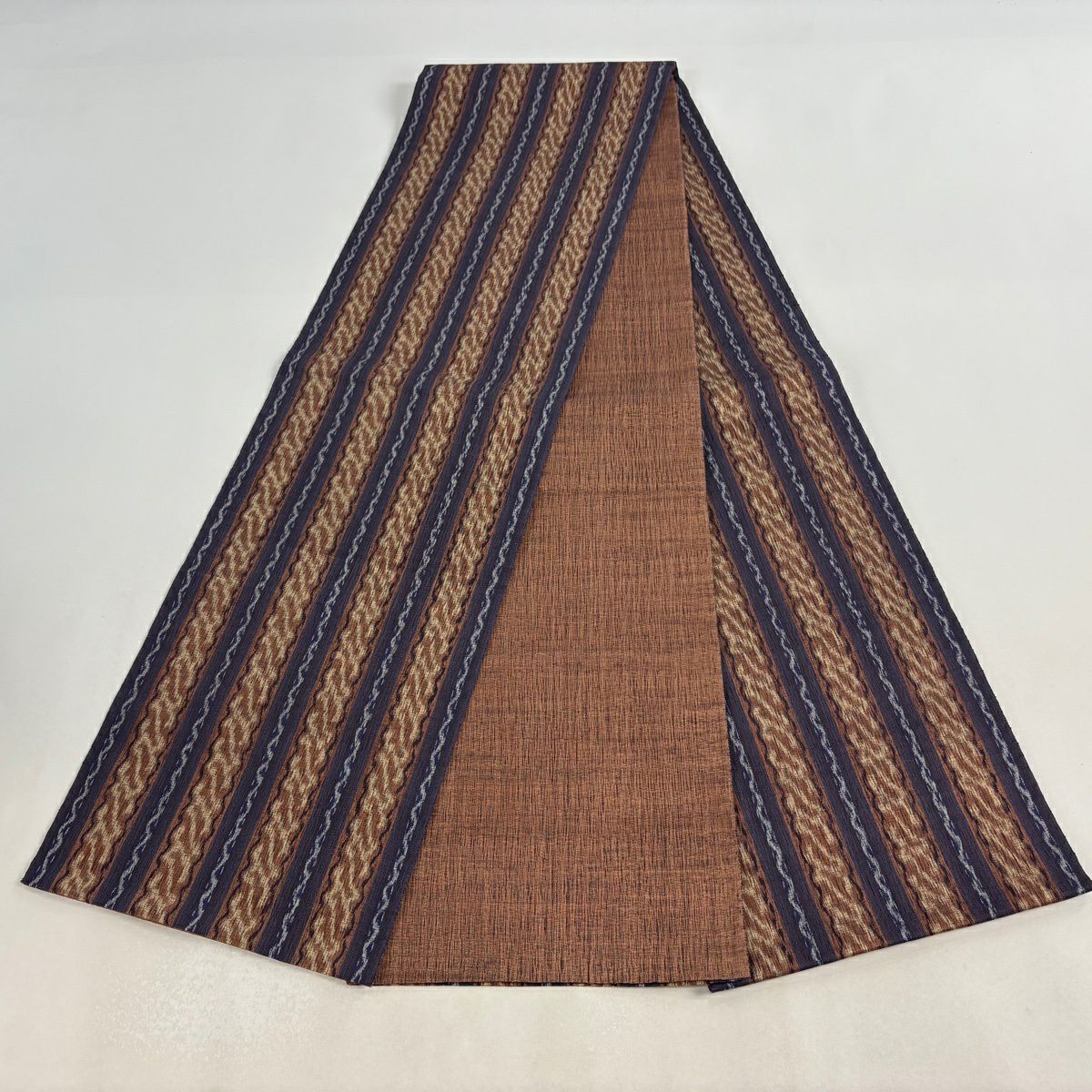 【美品】 袋帶 秀品級 縞 幾何圖案 茶紫 全通 純蠶絲