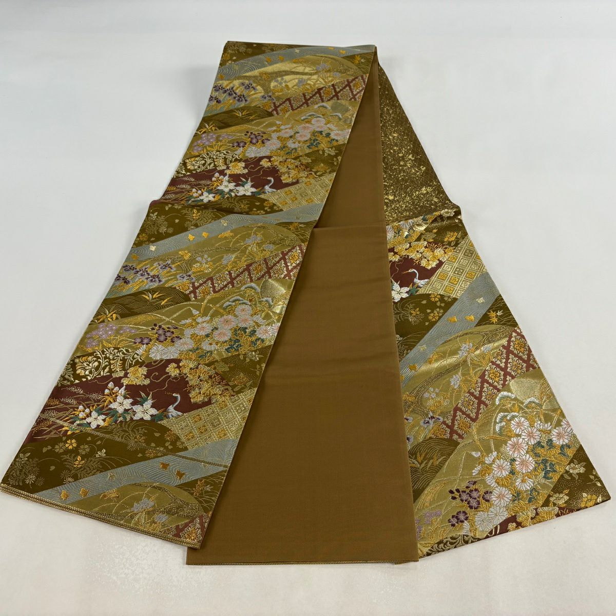【美品】 袋帶 秀品級 關西仕立 離山菊花仙鶴紋 菱紋 金絲 金金箔 金 六通 純蠶絲