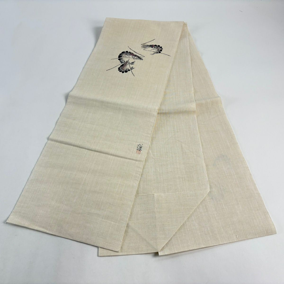 【美品】名古屋帶 秀品級 有落款 紬織織 八寸名古屋帶 松樹葉仕立 紅蝦 奶油色 純蠶絲