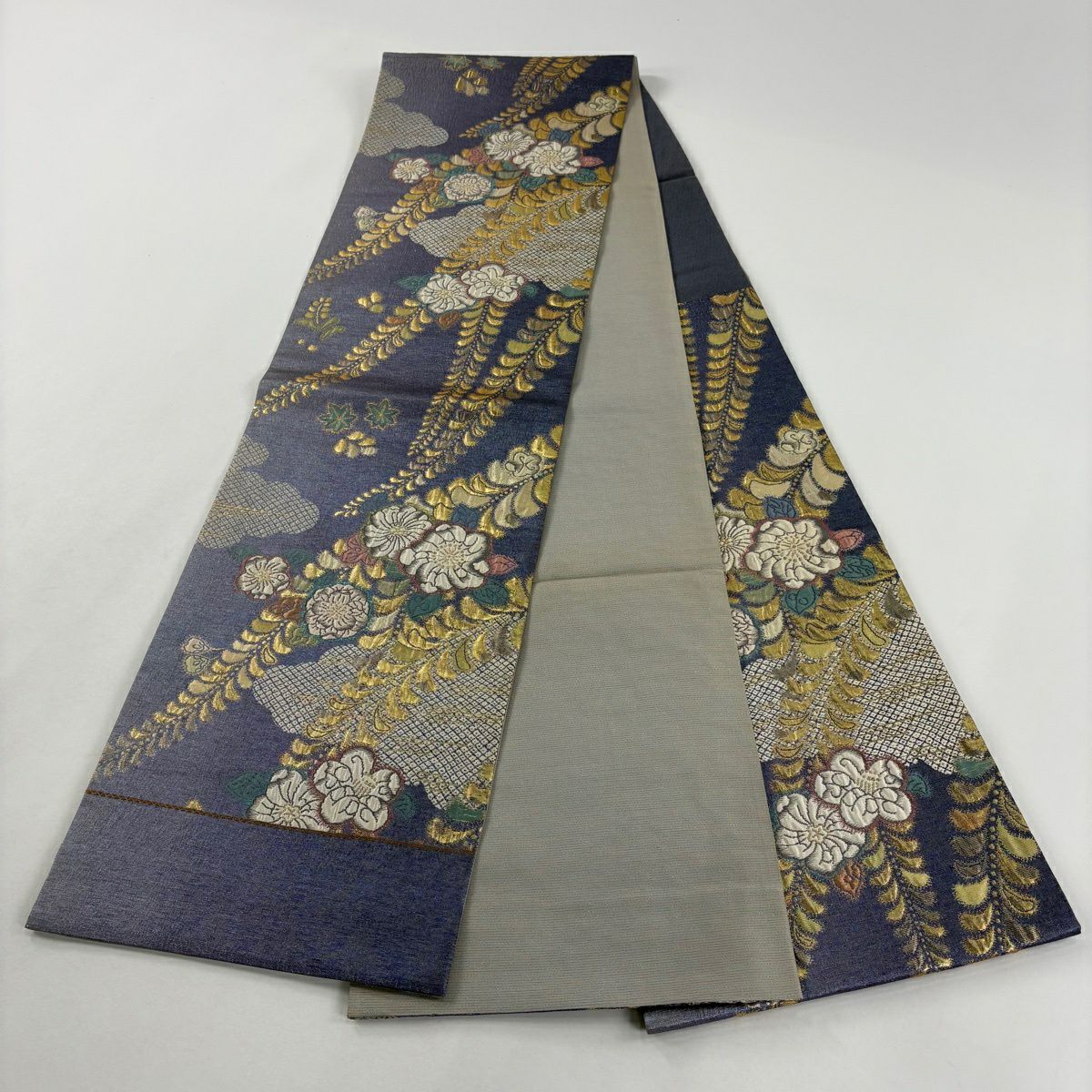 【美品】 袋帶 秀品級 辻花染圖案 雲文 金金箔 灰紫 六通 純蠶絲