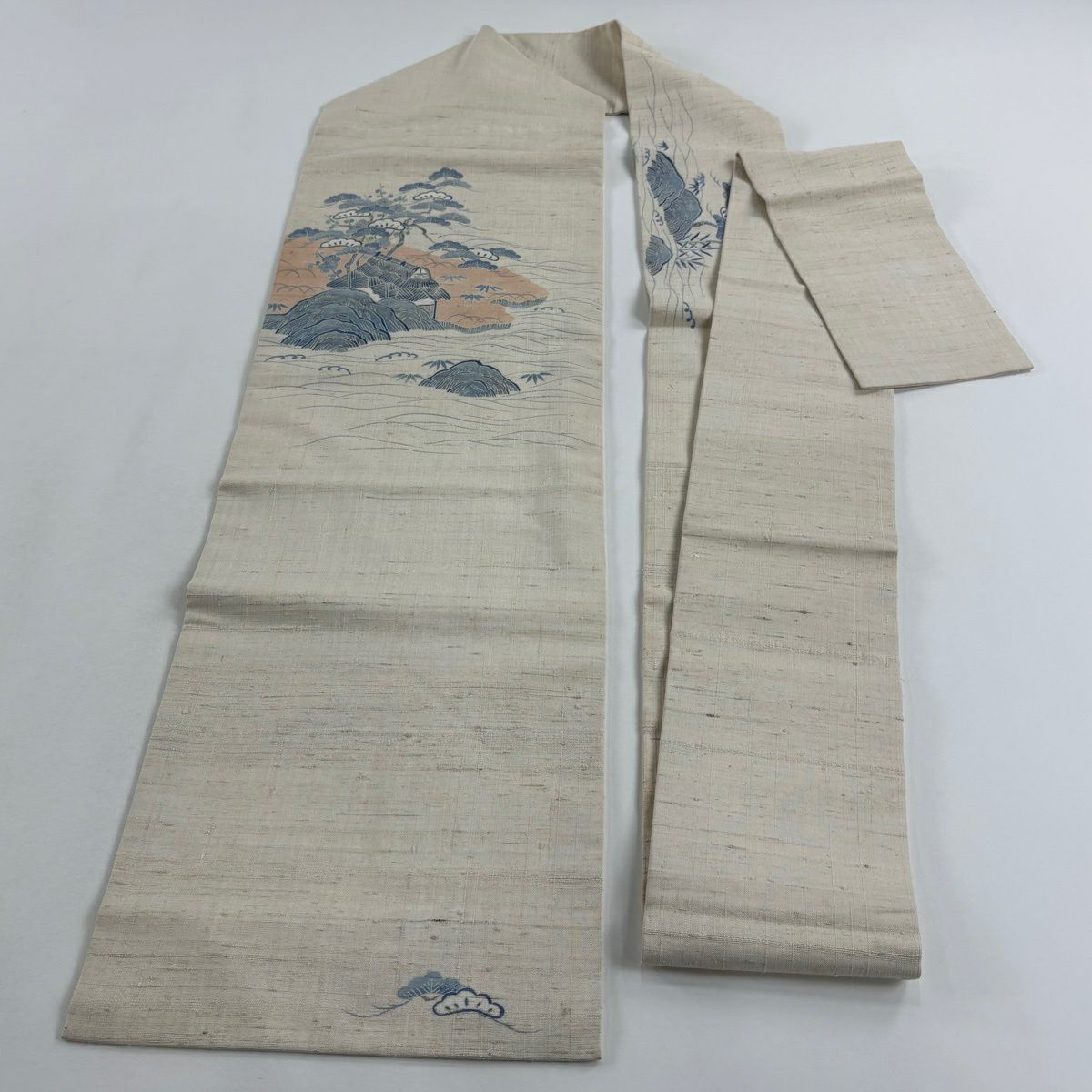 名古屋帶 秀品級 紬織織 松樹竹子梅花 風景 米色 純蠶絲