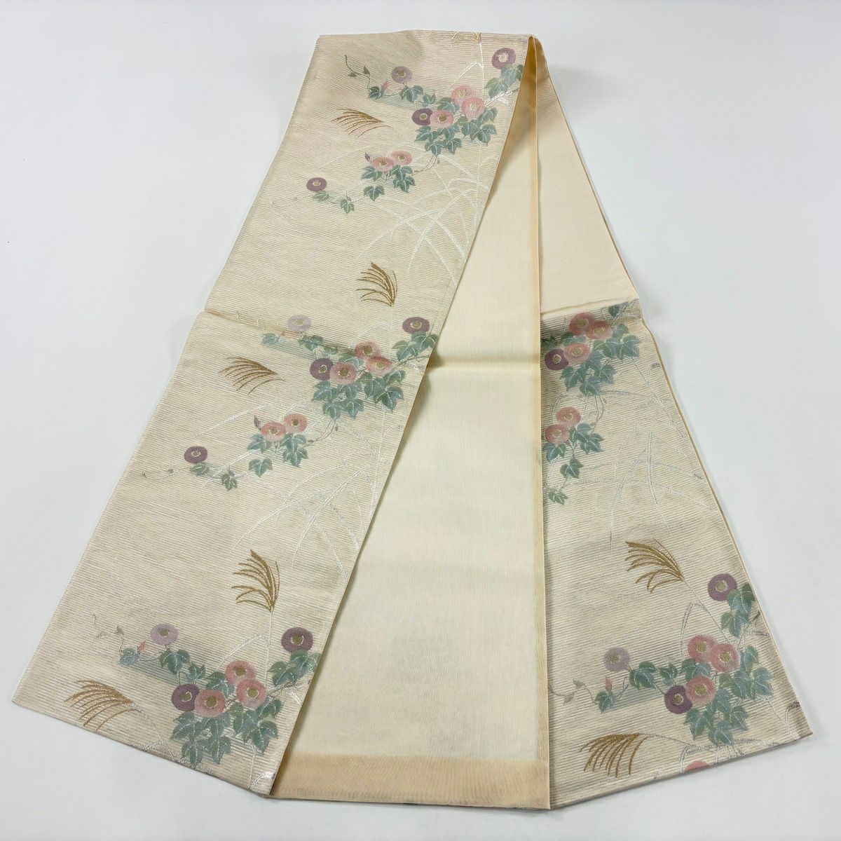 【美品】 袋帶 秀品級 證書齊全 夏帶 草花紋紋 蘆葦 金絲 金金箔 米色 六通 純蠶絲