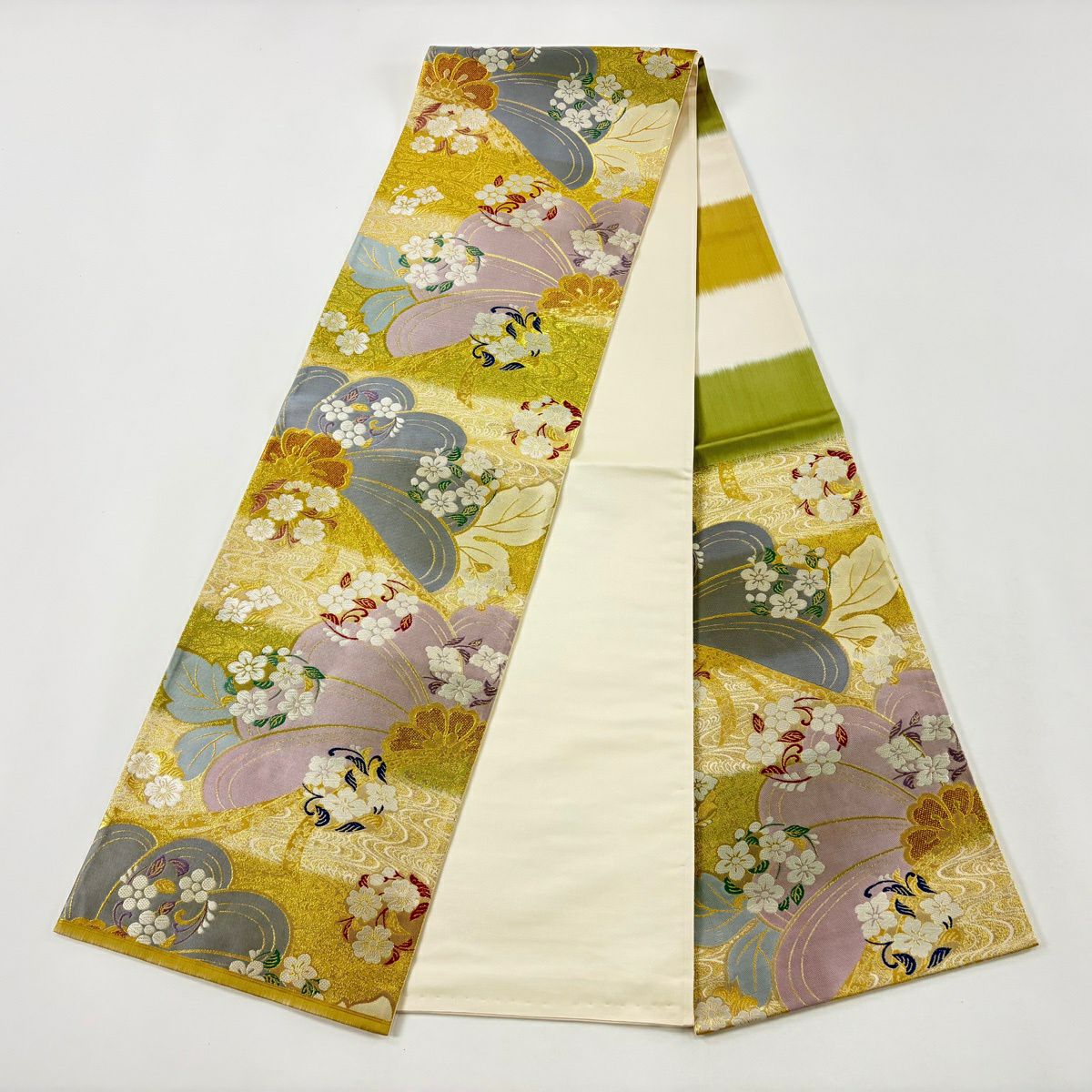 【美品】 袋帶 秀品級 花丸紋 流水 金絲 金金箔 淺紫 六通 純蠶絲