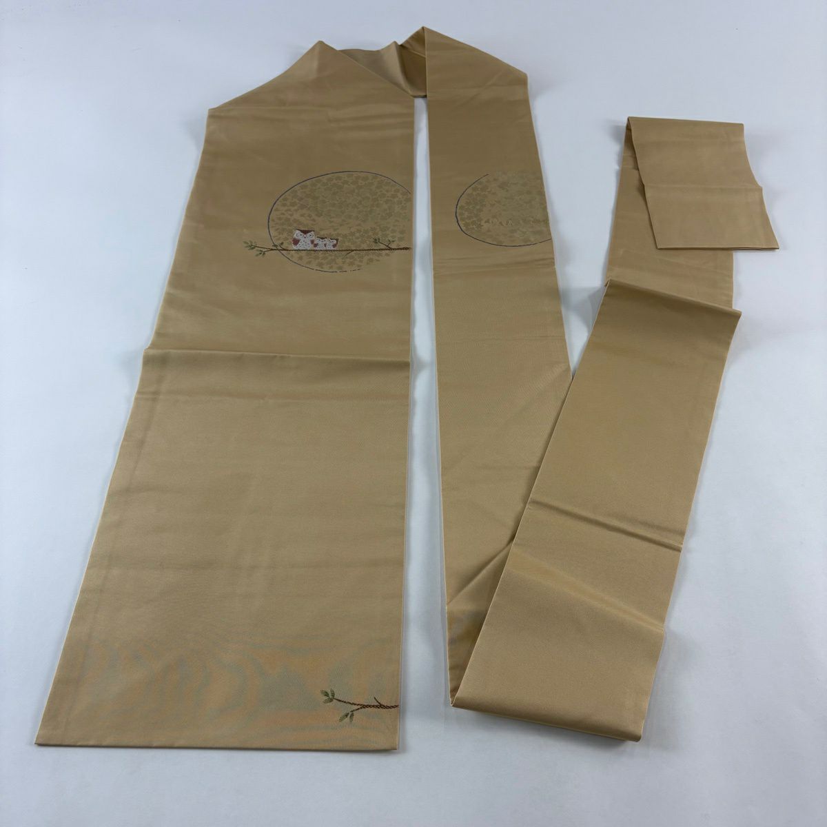 【美品】名古屋帶 秀品級 蛙耳樹枝葉 米色 純蠶絲