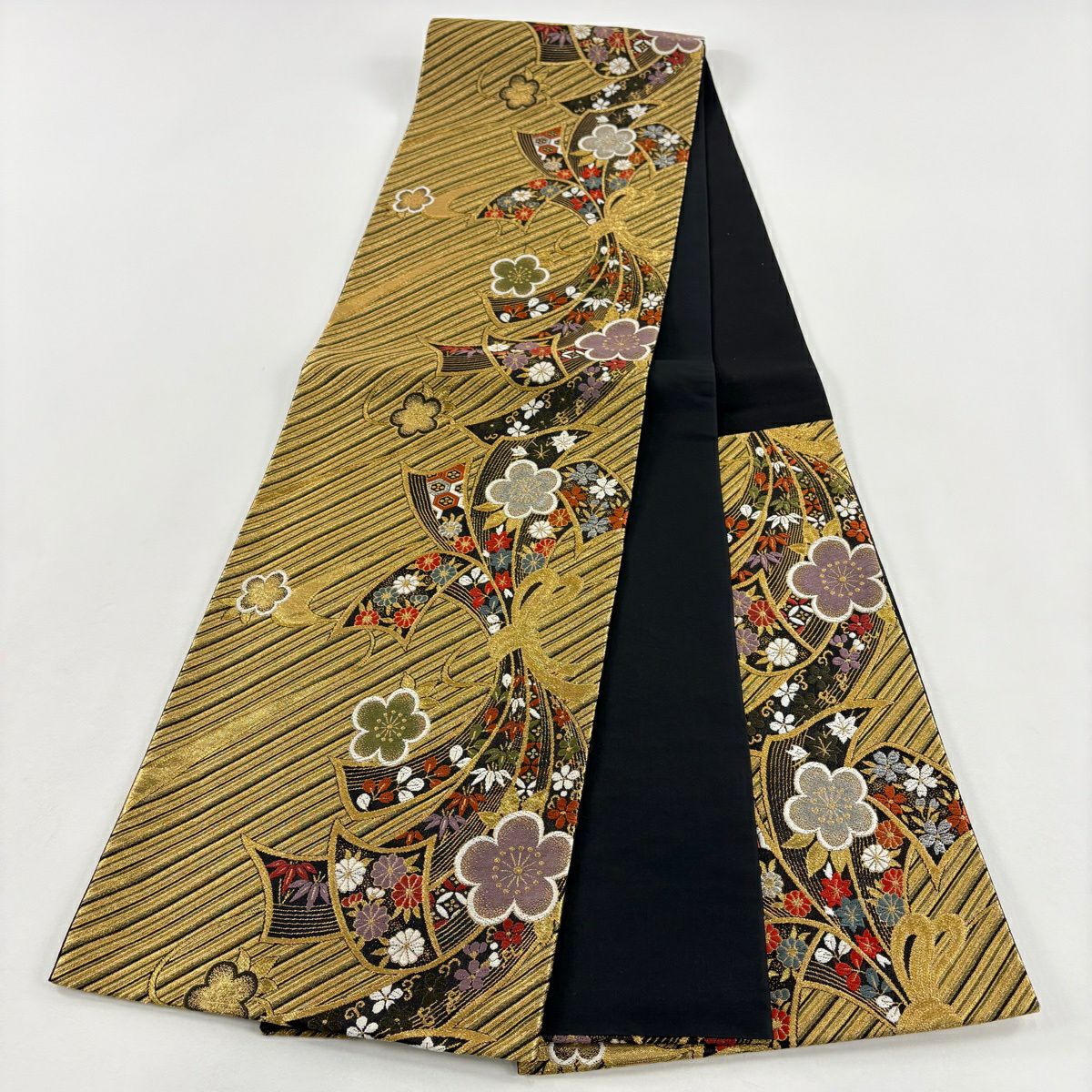 【美品】 袋帶 秀品級 束帶熨斗紋 草花紋 金銀彩 刺繡 金 六通 純蠶絲